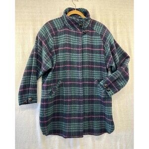 VTG Woolrich Woman Coat Size M Zip Green Pink Plaid Long Wool Winter Wood Button